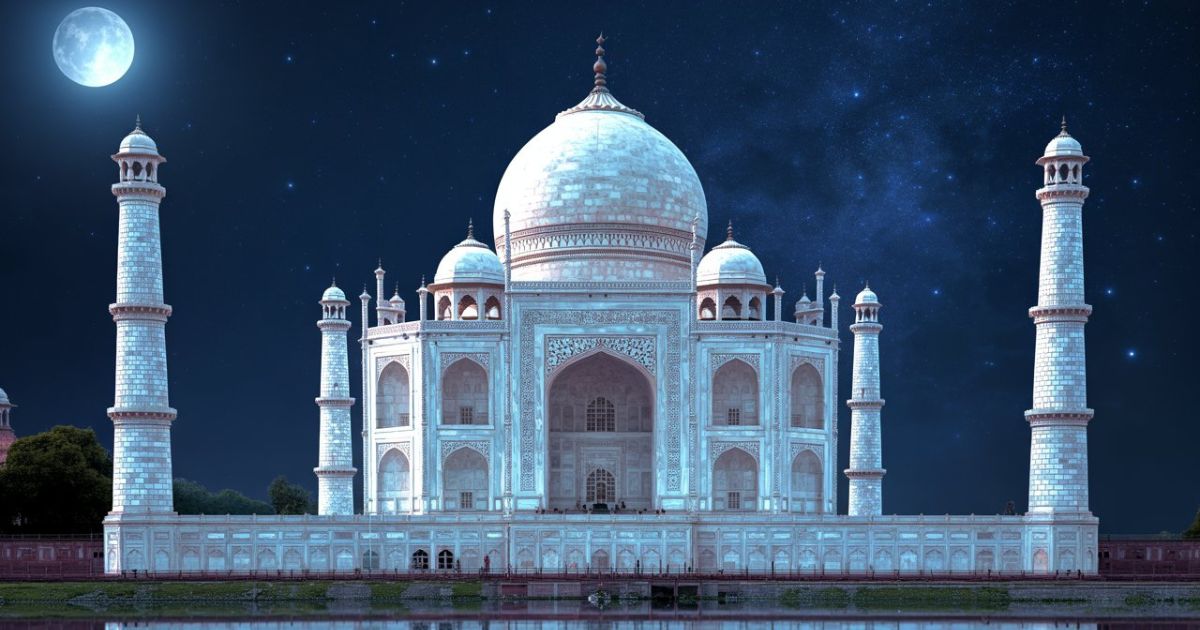 Taj Mahal night view under full moon with starry sky, ideal for Agra moonlight photography tour.