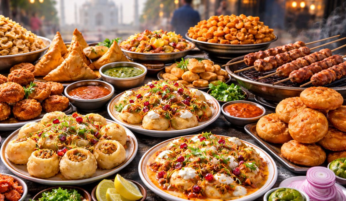 Street food in Agra including chaat samosa and kachori in local market during sightseeing tour
