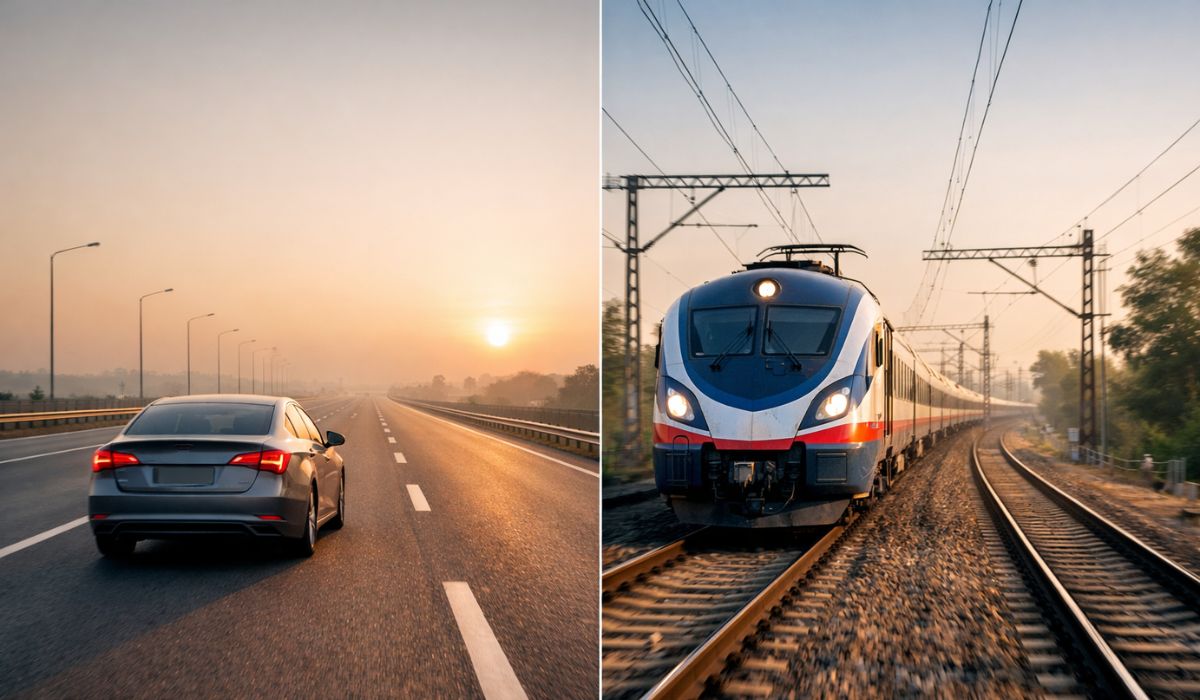 Comparison of Yamuna Expressway car drive and Gatimaan Express train travel from Delhi to Agra at sunrise