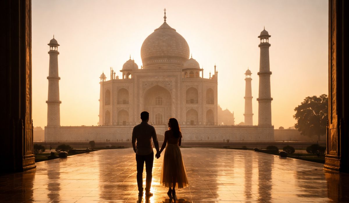 Romantic couple silhouette at Taj Mahal during sunrise with golden light reflecting on marble floor